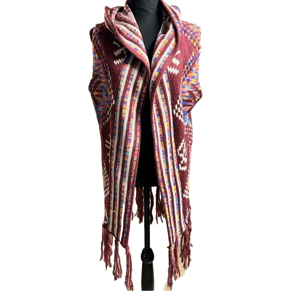 Entro Women's Sleeveless Cardigan Colorful Hood Fringe Sweater Aztec Bohemian S